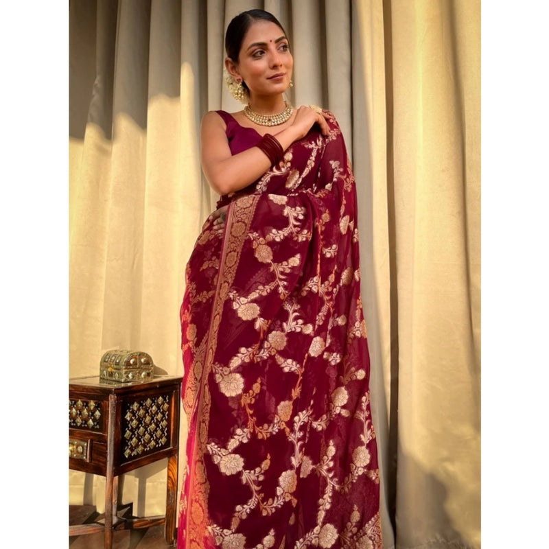 Mayawye Women's Silk Printed Saree With Unstitched Blouse 5.5Mtr (Maroon)