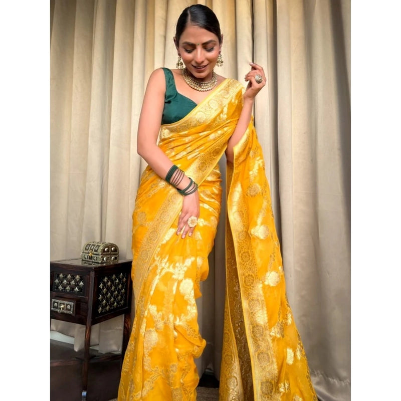 Mayawye Women's Silk Printed Saree With Unstitched Blouse 5.5Mtr (Gold Yellow)