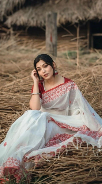 Mayawye Women's Cotton  Printed Saree With Unstitched Blouse 5.5Mtr (White-Red)
