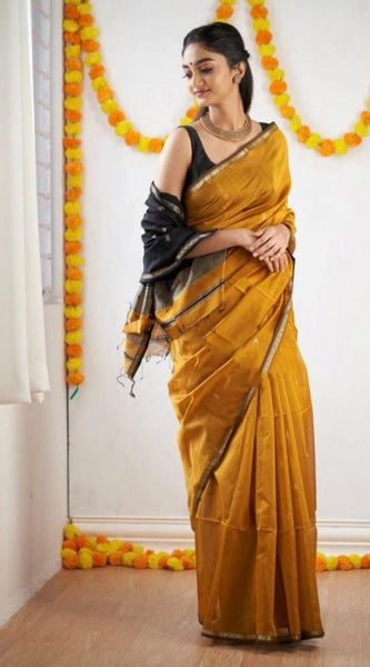 Mayawye Women's Cotton  Printed Saree With Unstitched Blouse 5.5Mtr (Yellow)