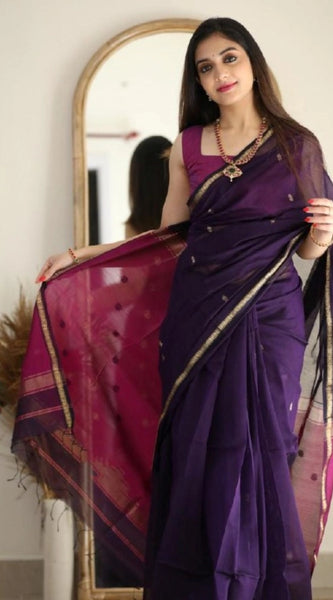 Mayawye Women's Cotton  Printed Saree With Unstitched Blouse 5.5Mtr (Navy Blue)