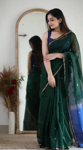 Mayawye Women's Cotton  Printed Saree With Unstitched Blouse 5.5Mtr (Green)