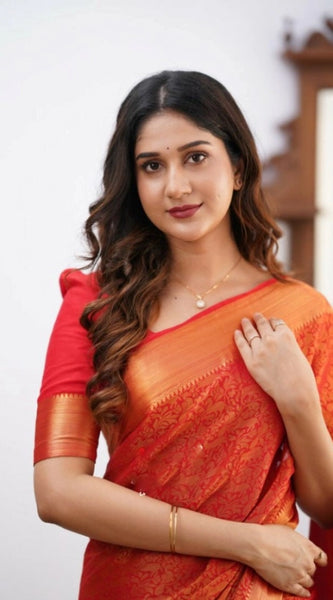 Mayawye Women's Silk Printed Saree With Unstitched Blouse 5.5Mtr (Orange)
