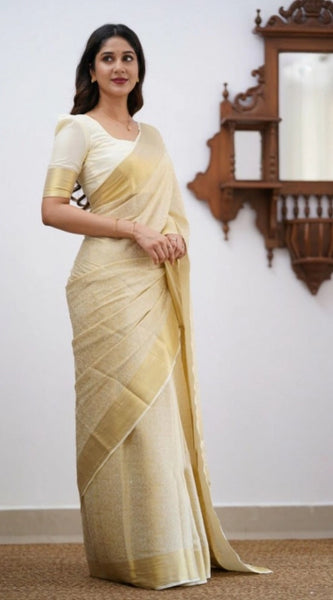 Mayawye Women's Silk Printed Saree With Unstitched Blouse 5.5Mtr (Cream)