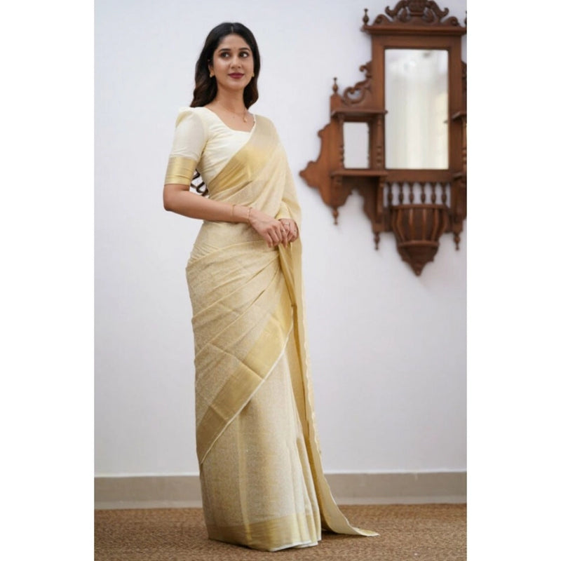 Mayawye Women's Silk Printed Saree With Unstitched Blouse 5.5Mtr (Cream)