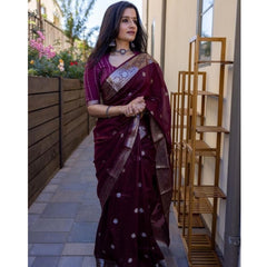 Mayawye Women's Cotton  Printed Saree With Unstitched Blouse 5.5Mtr (Maroon)