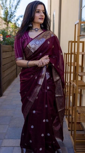 Mayawye Women's Cotton  Printed Saree With Unstitched Blouse 5.5Mtr (Maroon)