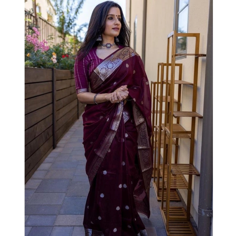 Mayawye Women's Cotton  Printed Saree With Unstitched Blouse 5.5Mtr (Maroon)