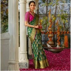 Mayawye Women's Silk Printed Saree With Unstitched Blouse 5.5Mtr (Green)