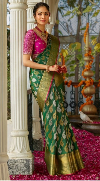 Mayawye Women's Silk Printed Saree With Unstitched Blouse 5.5Mtr (Green)