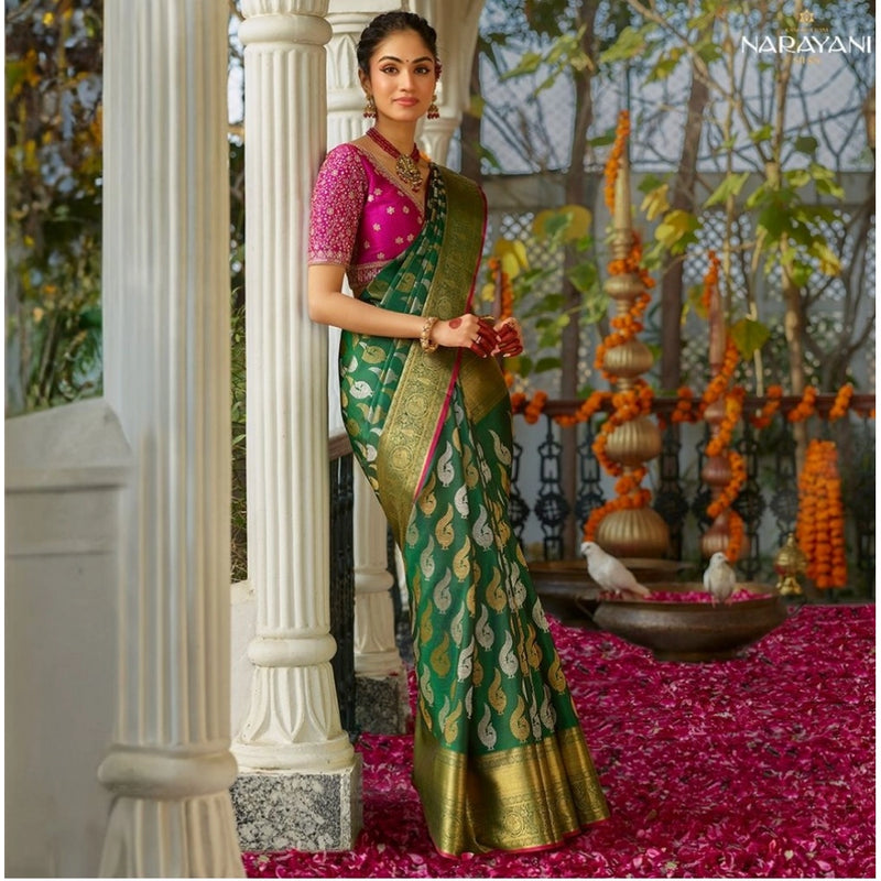 Mayawye Women's Silk Printed Saree With Unstitched Blouse 5.5Mtr (Green)