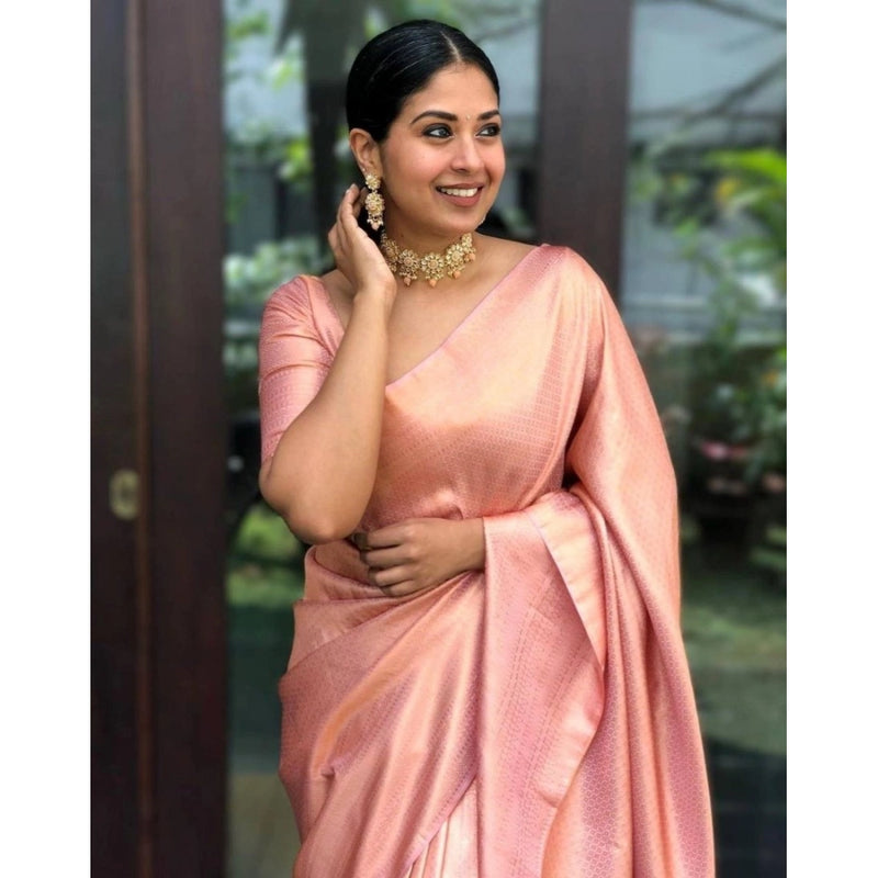 Mayawye Women's Silk Printed Saree With Unstitched Blouse 5.5Mtr (Peach)