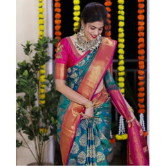 Mayawye Women's Silk Printed Saree With Unstitched Blouse 5.5Mtr (Teal Blue)