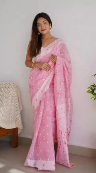 Mayawye Women's Cotton  Printed Saree With Unstitched Blouse 5.5Mtr (Pink)