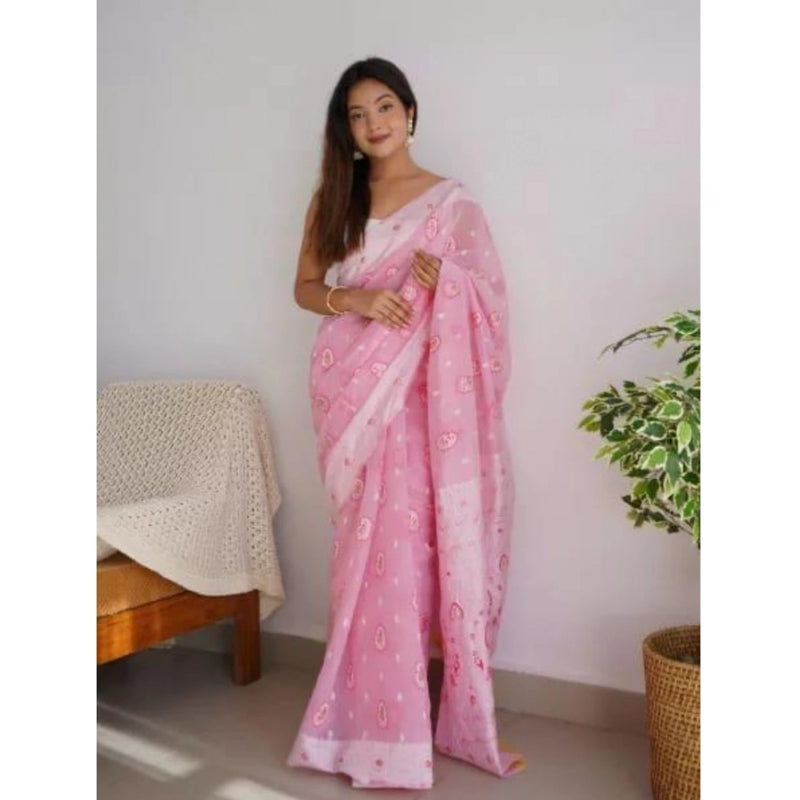 Mayawye Women's Cotton  Printed Saree With Unstitched Blouse 5.5Mtr (Pink)