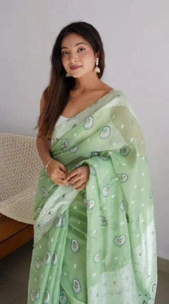 Mayawye Women's Cotton  Printed Saree With Unstitched Blouse 5.5Mtr (Pista)