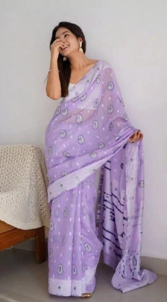 Mayawye Women's Cotton  Printed Saree With Unstitched Blouse 5.5Mtr (Lavender)