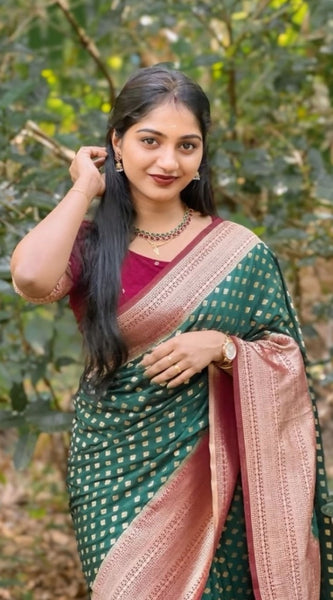 Mayawye Women's Silk Printed Saree With Unstitched Blouse 5.5Mtr (Green-Red)