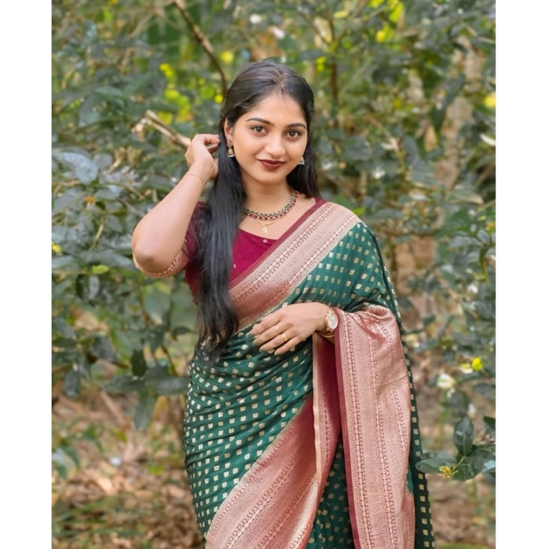 Mayawye Women's Silk Printed Saree With Unstitched Blouse 5.5Mtr (Green-Red)