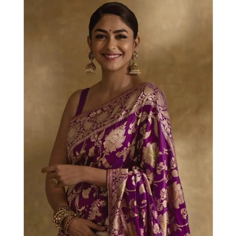 Mayawye Women's Silk Printed Saree With Unstitched Blouse 5.5Mtr (Purple)