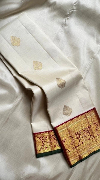 Mayawye Women's Silk Printed Saree With Unstitched Blouse 5.5Mtr (Off White-Red)