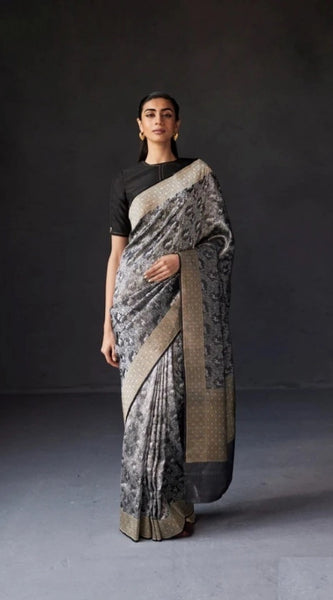 Mayawye Women's Silk Printed Saree With Unstitched Blouse 5.5Mtr (Grey)