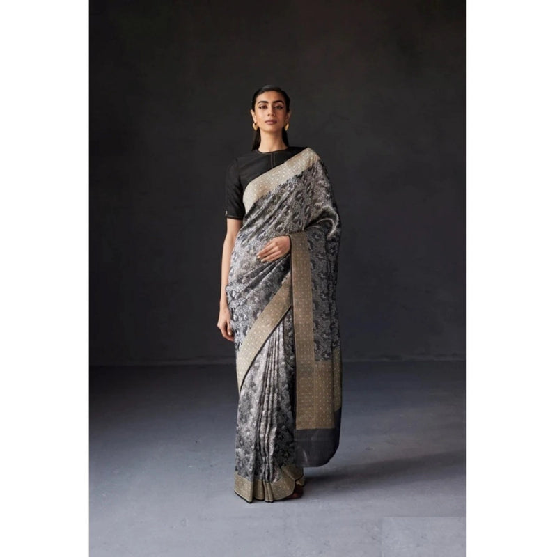 Mayawye Women's Silk Printed Saree With Unstitched Blouse 5.5Mtr (Grey)