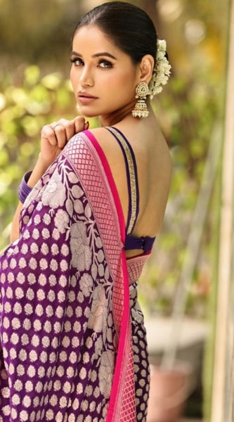 Mayawye Women's Silk Printed Saree With Unstitched Blouse 5.5Mtr (Purple)