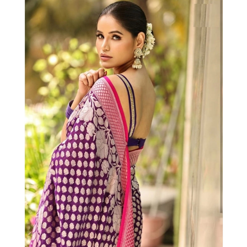 Mayawye Women's Silk Printed Saree With Unstitched Blouse 5.5Mtr (Purple)
