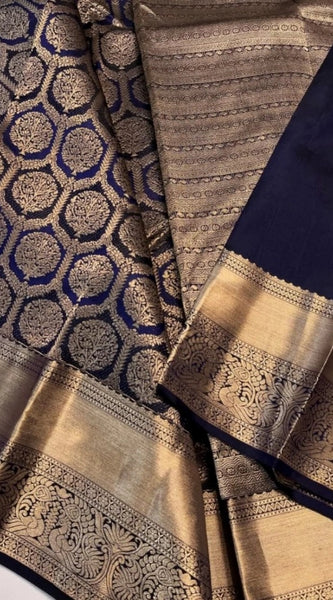 Mayawye Women's Silk Printed Saree With Unstitched Blouse 5.5Mtr (Navy Blue)