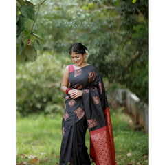Mayawye Women's Silk Printed Saree With Unstitched Blouse 5.5Mtr (Black-Red)