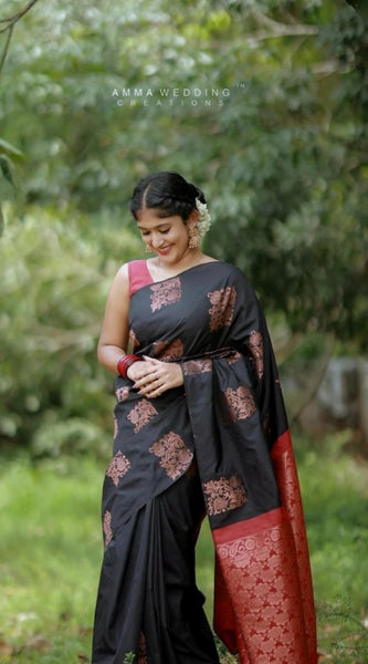 Mayawye Women's Silk Printed Saree With Unstitched Blouse 5.5Mtr (Black-Red)