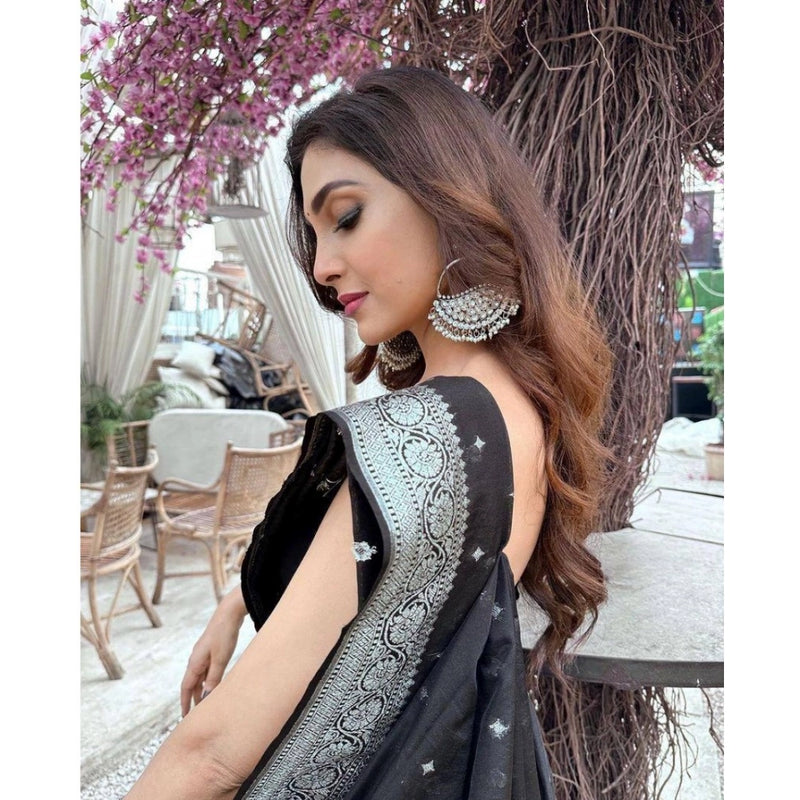 Mayawye Women's Silk Printed Saree With Unstitched Blouse 5.5Mtr (Black)