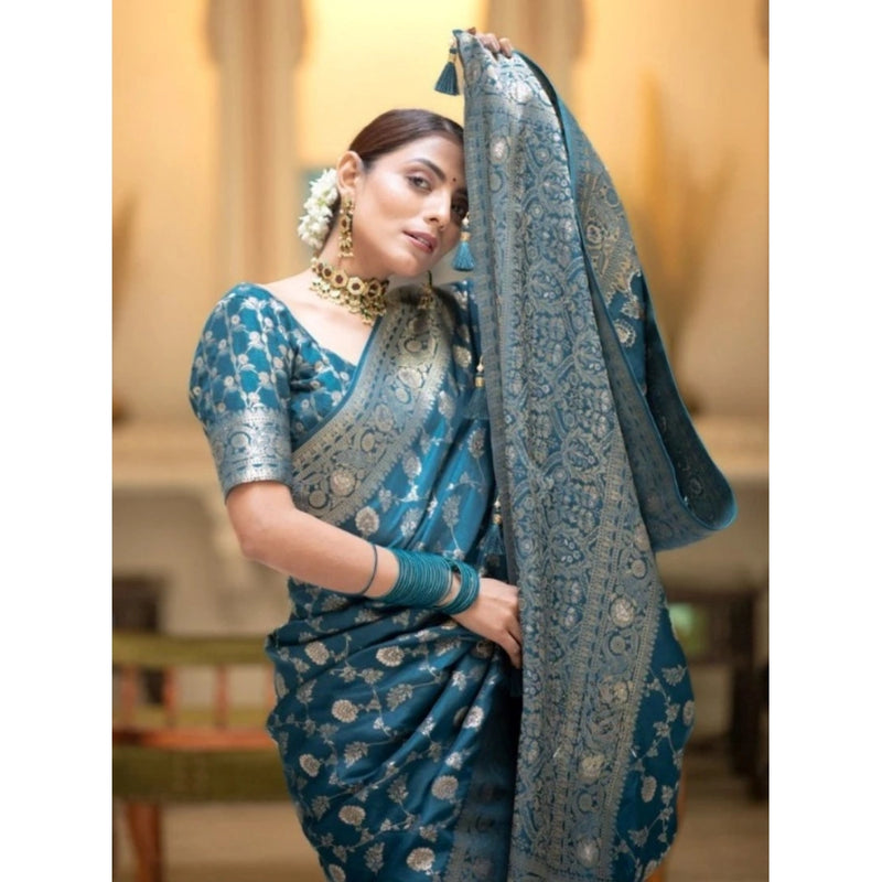 Mayawye Women's Silk Printed Saree With Unstitched Blouse 5.5Mtr (Rama)