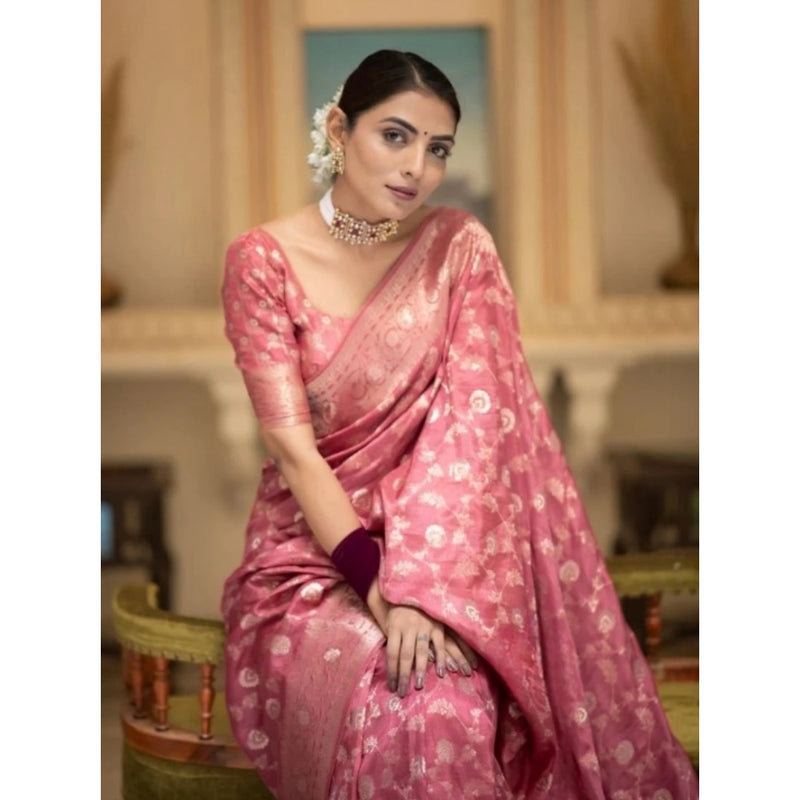 Mayawye Women's Silk Printed Saree With Unstitched Blouse 5.5Mtr (Peach)