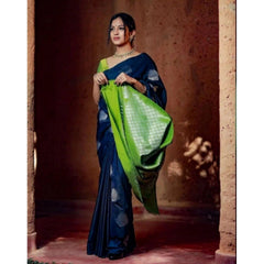Mayawye Women's Silk Printed Saree With Unstitched Blouse 5.5Mtr (Navy Blue)