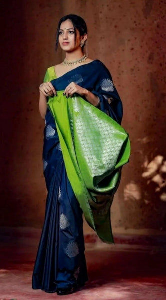 Mayawye Women's Silk Printed Saree With Unstitched Blouse 5.5Mtr (Navy Blue)