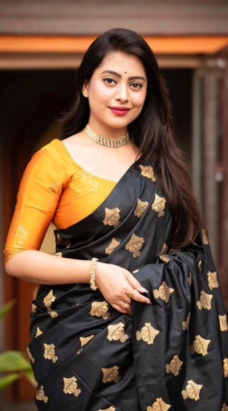 Mayawye Women's Silk Printed Saree With Unstitched Blouse 5.5Mtr (Yellow)