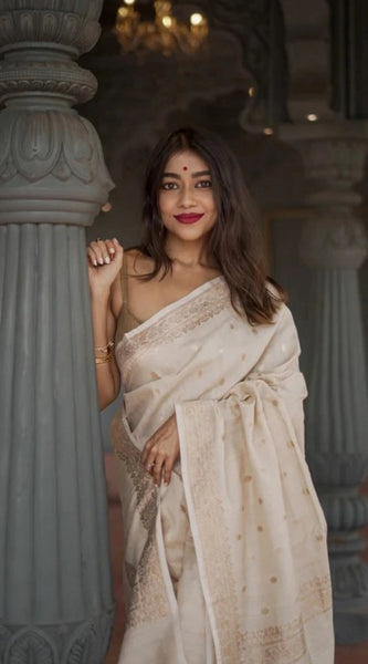Mayawye Women's Cotton  Printed Saree With Unstitched Blouse 5.5Mtr (Cream)
