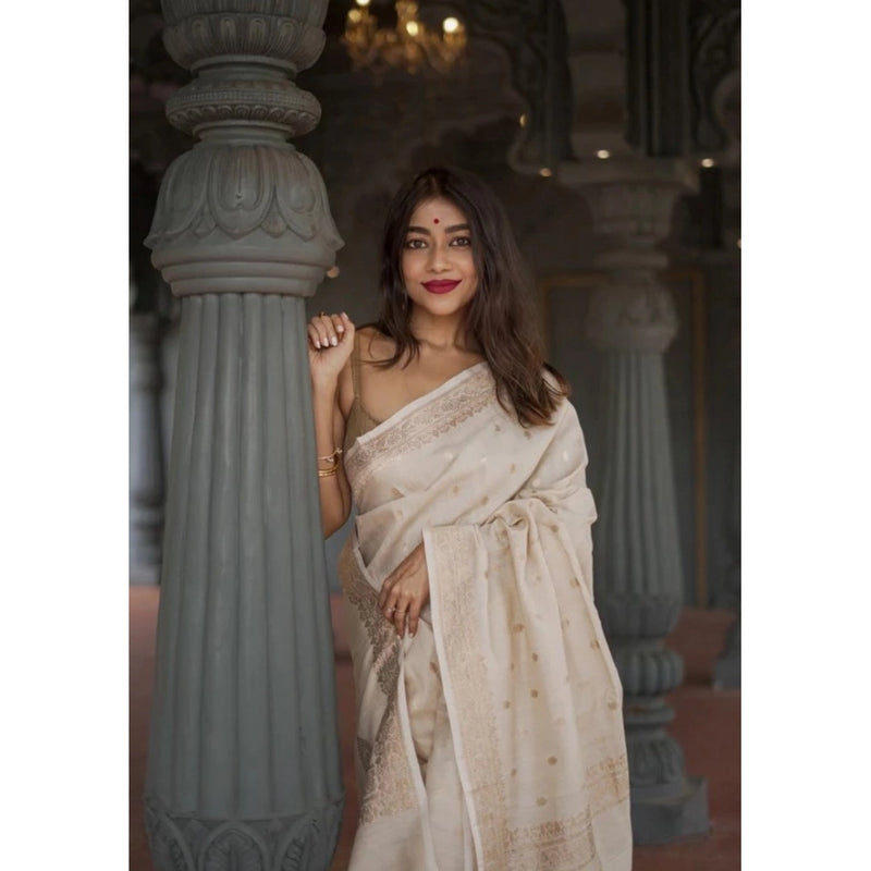 Mayawye Women's Cotton  Printed Saree With Unstitched Blouse 5.5Mtr (Cream)