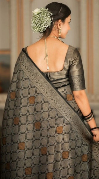 Mayawye Women's Silk Printed Saree With Unstitched Blouse 5.5Mtr (Black)