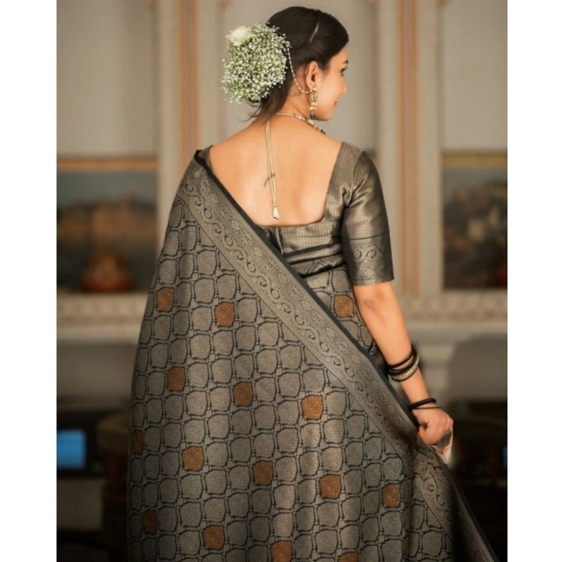 Mayawye Women's Silk Printed Saree With Unstitched Blouse 5.5Mtr (Black)
