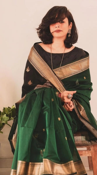 Mayawye Women's Silk Printed Saree With Unstitched Blouse 5.5Mtr (Dark Green)