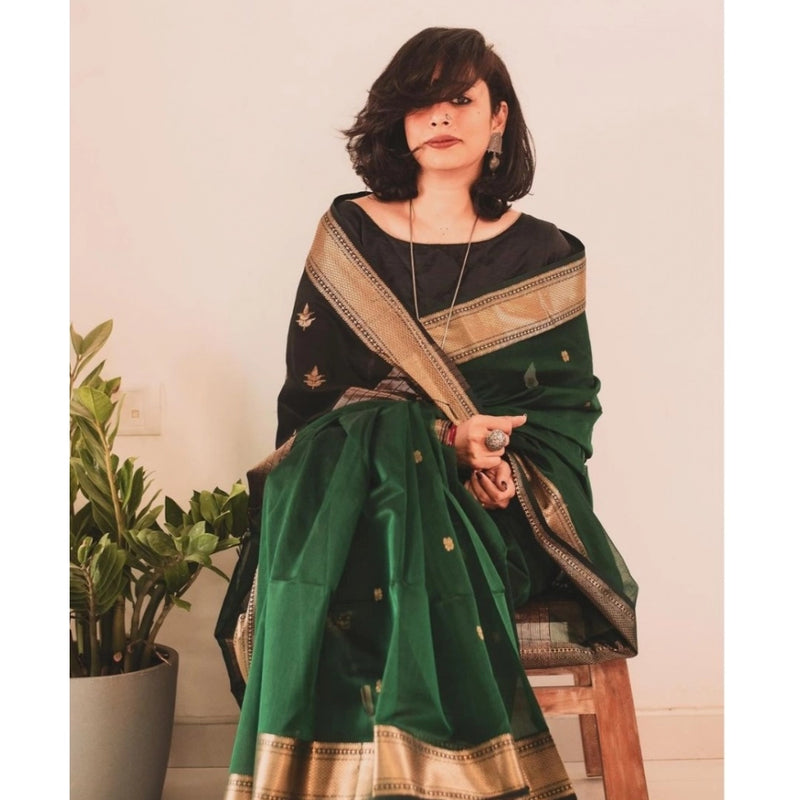 Mayawye Women's Silk Printed Saree With Unstitched Blouse 5.5Mtr (Dark Green)