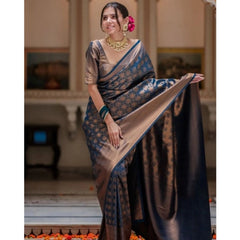 Mayawye Women's Silk Printed Saree With Unstitched Blouse 5.5Mtr (Blue)
