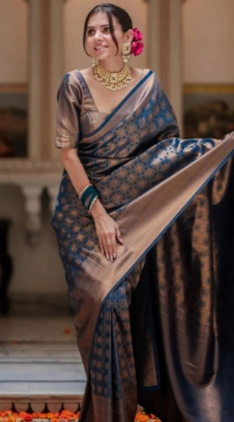 Mayawye Women's Silk Printed Saree With Unstitched Blouse 5.5Mtr (Blue)