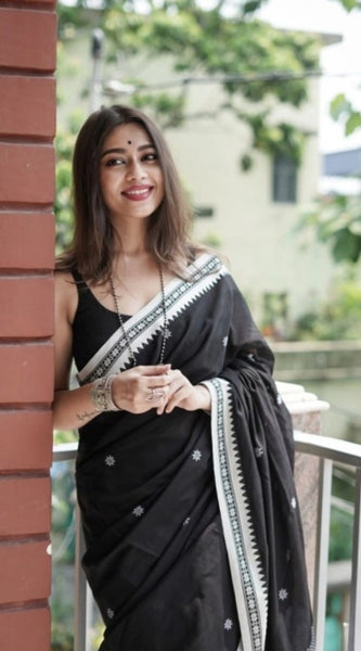 Mayawye Women's Cotton  Printed Saree With Unstitched Blouse 5.5Mtr (Black)