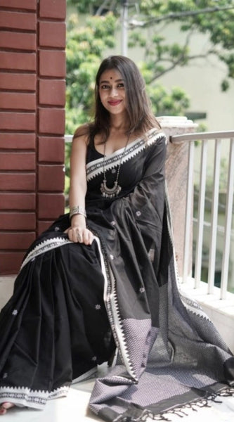Mayawye Women's Cotton  Printed Saree With Unstitched Blouse 5.5Mtr (Black)