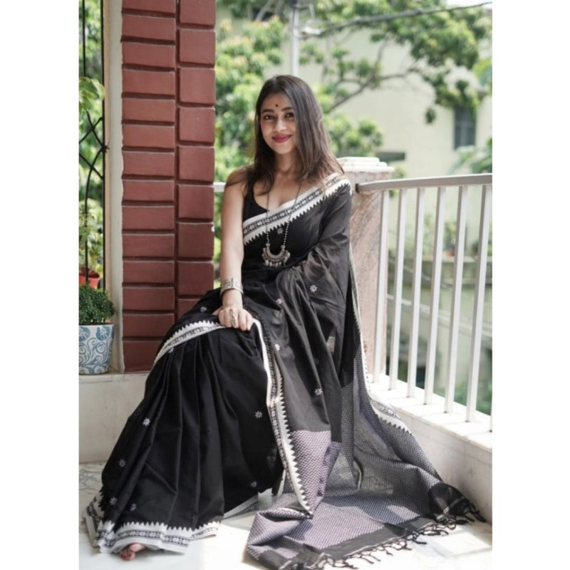 Mayawye Women's Cotton  Printed Saree With Unstitched Blouse 5.5Mtr (Black)