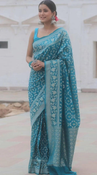 Mayawye Women's Silk Printed Saree With Unstitched Blouse 5.5Mtr (Sky Blue)